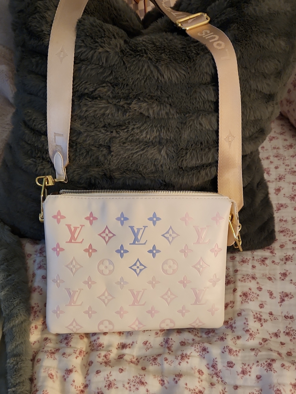 Inspired Cousin Cream Crossbody with Pink & Blue Monogram Accents